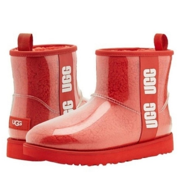 UGG Women’s Classic Clear Mini Red Faux Fur Boot Bootie US 6 Cozy 90’s Y2K - Picture 1 of 16
